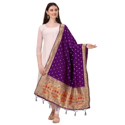 Women's Silk Pure Zari weaving Duppatta (Purple, Length: 2-2.3 Mtrs)