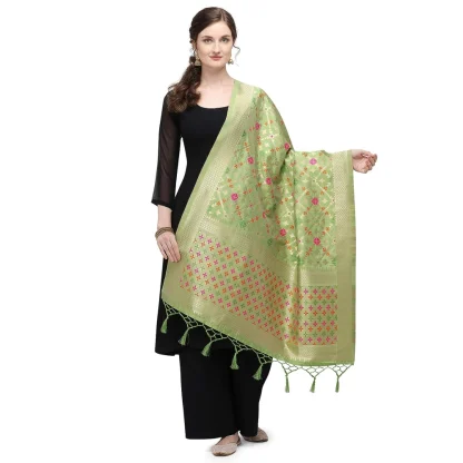 Women's Silk Pure Zari weaving Duppatta (Light Green, Length: 2-2.3 Mtrs)