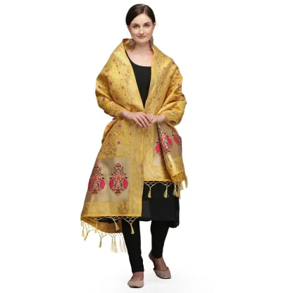 Women's Silk Pure Zari weaving Duppatta (Mustard Yellow, Length: 2-2.3 Mtrs)