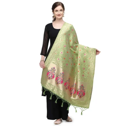 Women's Silk Pure Zari weaving Duppatta (Light Green, Length: 2-2.3 Mtrs)