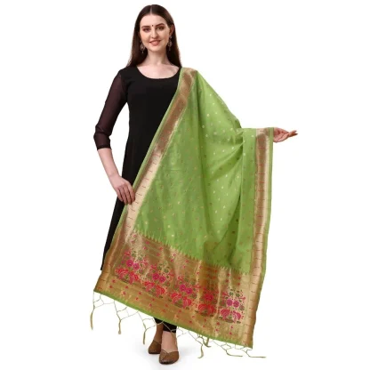 Women's Silk Pure Zari weaving Duppatta (Light Green, Length: 2-2.3 Mtrs)