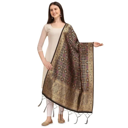 Women's Silk Pure weaving Work Duppatta (Navy Blue, Length: 2-2.3 Mtrs)