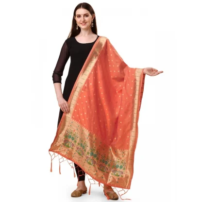 Women's Silk Pure Zari weaving Duppatta (Orange, Length: 2-2.3 Mtrs)