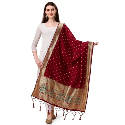 Women's Silk Pure Zari weaving Duppatta (Maroon, Length: 2-2.3 Mtrs)