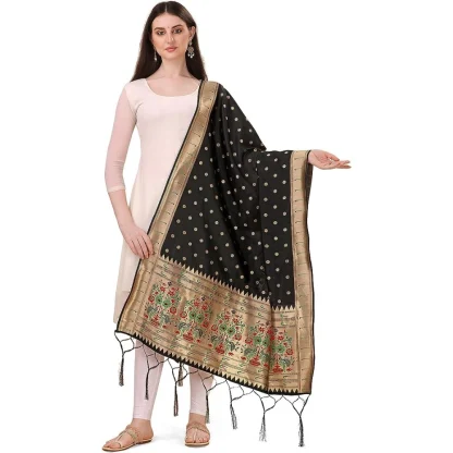 Women's Silk Pure Zari weaving Duppatta (Black, Length: 2-2.3 Mtrs)