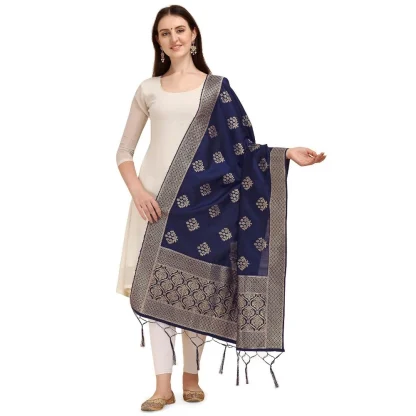 Women's Silk Pure Zari weaving Duppatta (Navy Blue, Length: 2-2.3 Mtrs)