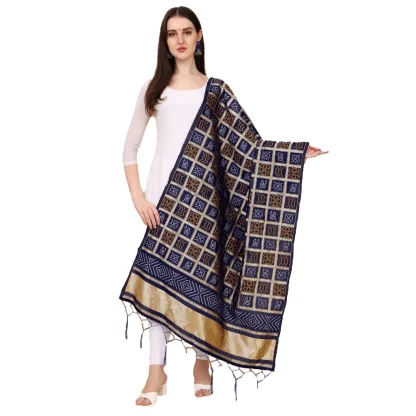 Women's Silk Pure weaving Work Duppatta (Navy Blue, Length: 2-2.3 Mtrs)