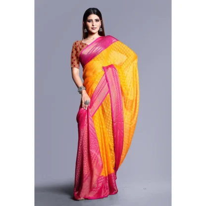 Women's Viscose Rayon Printed Saree With Unstitched Blouse (Yellow) - Image 3