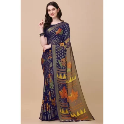 Women's Viscose Rayon Printed Saree With Unstitched Blouse (Navy Blue) - Image 4