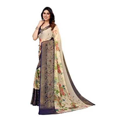 Women's Viscose Rayon Printed Saree With Unstitched Blouse (Navy Blue) - Image 3