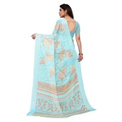 Women's Viscose Rayon Printed Saree With Unstitched Blouse (Sky Blue) - Image 3