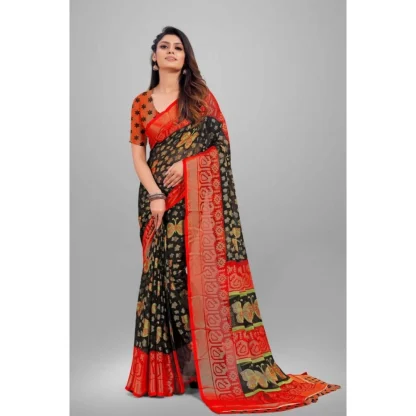 Women's Viscose Rayon Printed Saree With Unstitched Blouse (Black) - Image 4