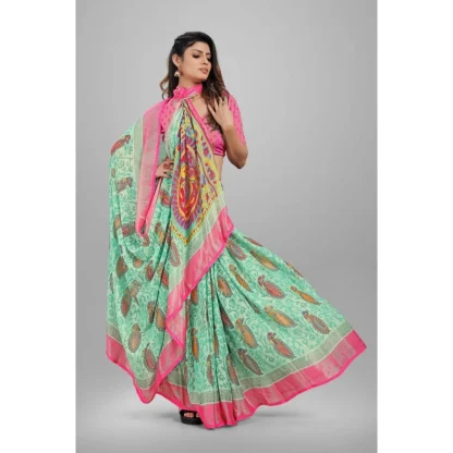 Women's Viscose Rayon Printed Saree With Unstitched Blouse (Teal) - Image 3