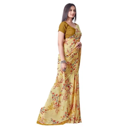 Women's Georgette Printed Saree With Unstitched Blouse (Yellow) - Image 2