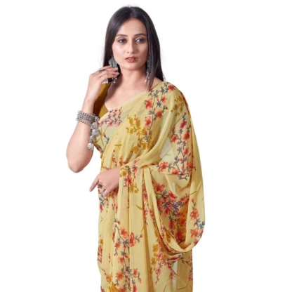 Women's Georgette Printed Saree With Unstitched Blouse (Yellow) - Image 4