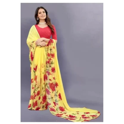 Women's Georgette Printed Saree With Unstitched Blouse (Yellow) - Image 4