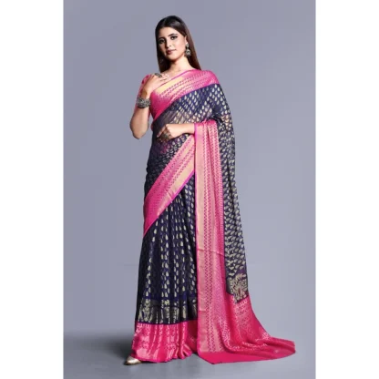 Women's Viscose Rayon Printed Saree With Unstitched Blouse (Navy Blue) - Image 3