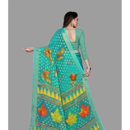 Women's Viscose Rayon Printed Saree With Unstitched Blouse (Teal) - Image 2