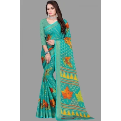 Women's Viscose Rayon Printed Saree With Unstitched Blouse (Teal) - Image 4