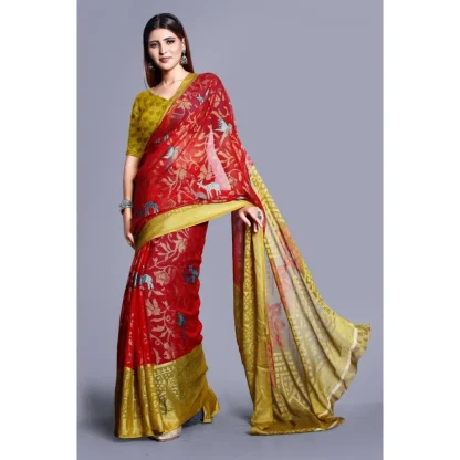 Women's Viscose Rayon Printed Saree With Unstitched Blouse (Red) - Image 4