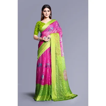 Women's Viscose Rayon Printed Saree With Unstitched Blouse (Pink) - Image 4