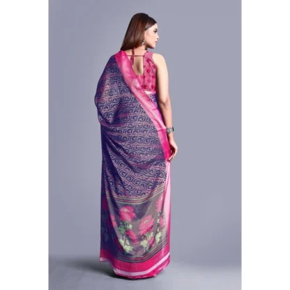 Women's Viscose Rayon Printed Saree With Unstitched Blouse (Navy Blue) - Image 2