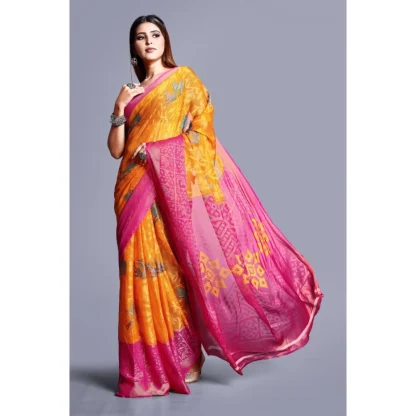 Women's Viscose Rayon Printed Saree With Unstitched Blouse (Yellow) - Image 3