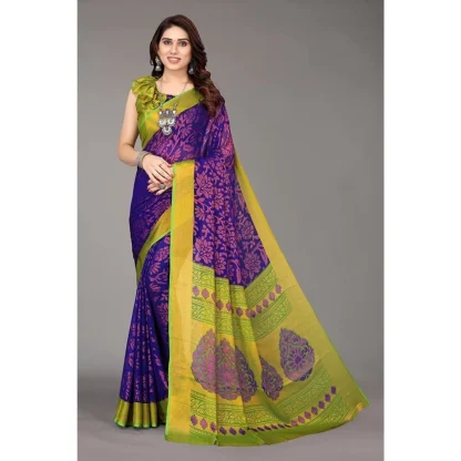 Women's Viscose Rayon Printed Saree With Unstitched Blouse (Blue) - Image 6