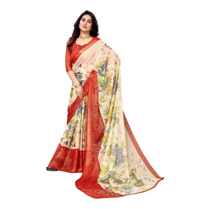 Women's Viscose Rayon Printed Saree With Unstitched Blouse (Red) - Image 3