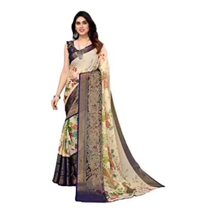 Women's Viscose Rayon Printed Saree With Unstitched Blouse (Navy Blue)