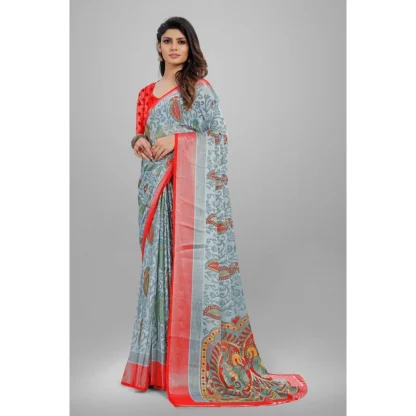 Women's Viscose Rayon Printed Saree With Unstitched Blouse (Grey) - Image 4