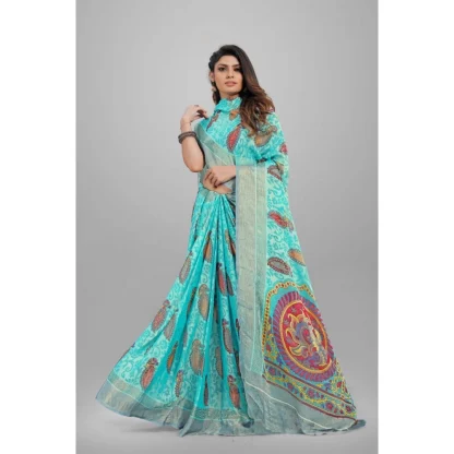 Women's Viscose Rayon Printed Saree With Unstitched Blouse (Sky Blue) - Image 3