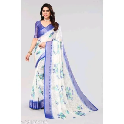 Women's Viscose Rayon Printed Saree With Unstitched Blouse (Blue) - Image 4