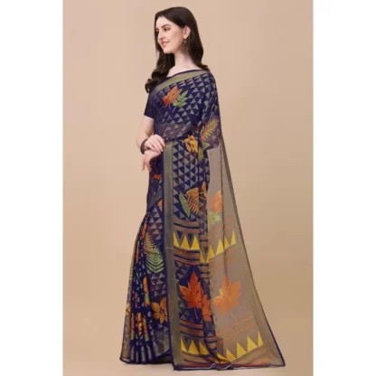 Women's Viscose Rayon Printed Saree With Unstitched Blouse (Navy Blue) - Image 3