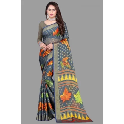 Women's Viscose Rayon Printed Saree With Unstitched Blouse (Grey) - Image 3