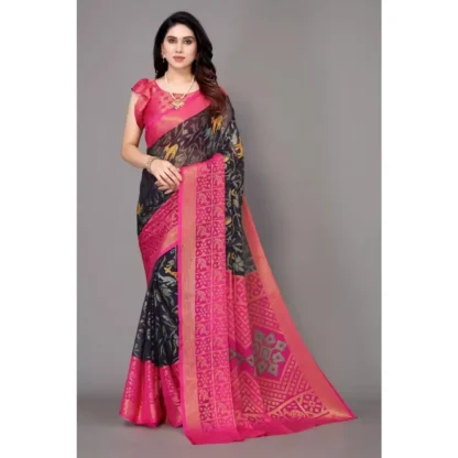 Women's Viscose Rayon Printed Saree With Unstitched Blouse (Navy Blue) - Image 6