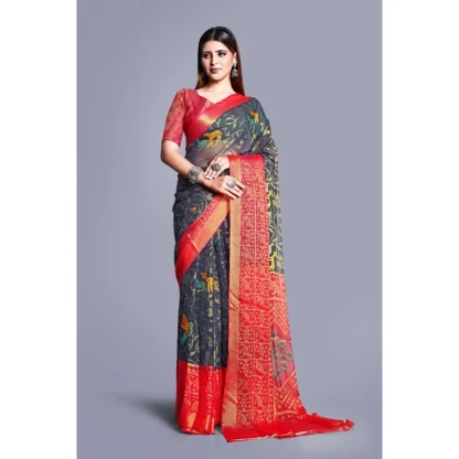 Women's Viscose Rayon Printed Saree With Unstitched Blouse (Grey) - Image 5