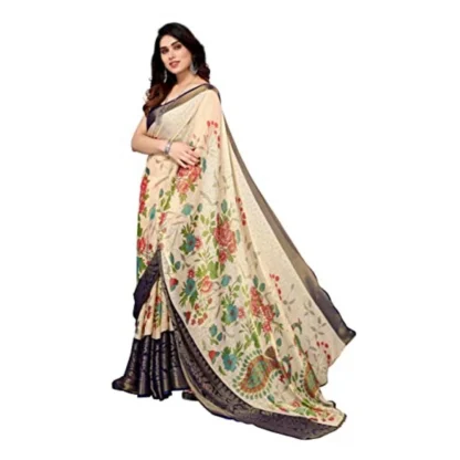 Women's Viscose Rayon Printed Saree With Unstitched Blouse (Navy Blue) - Image 2