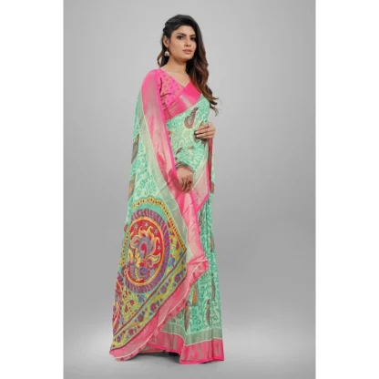 Women's Viscose Rayon Printed Saree With Unstitched Blouse (Teal) - Image 4