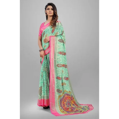 Women's Viscose Rayon Printed Saree With Unstitched Blouse (Teal) - Image 5