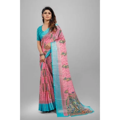 Women's Viscose Rayon Printed Saree With Unstitched Blouse (Pink) - Image 4