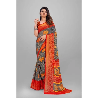 Women's Viscose Rayon Printed Saree With Unstitched Blouse (Grey) - Image 4