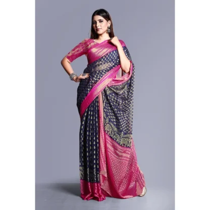 Women's Viscose Rayon Printed Saree With Unstitched Blouse (Navy Blue) - Image 4