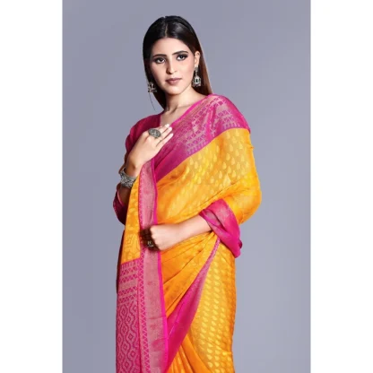 Women's Viscose Rayon Printed Saree With Unstitched Blouse (Yellow) - Image 2