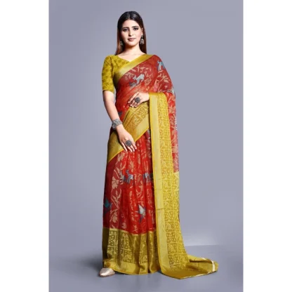 Women's Viscose Rayon Printed Saree With Unstitched Blouse (Red) - Image 5