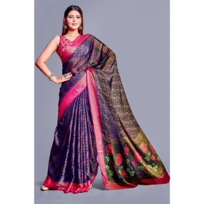 Women's Viscose Rayon Printed Saree With Unstitched Blouse (Navy Blue) - Image 5