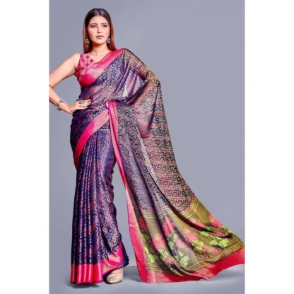 Women's Viscose Rayon Printed Saree With Unstitched Blouse (Navy Blue) - Image 4