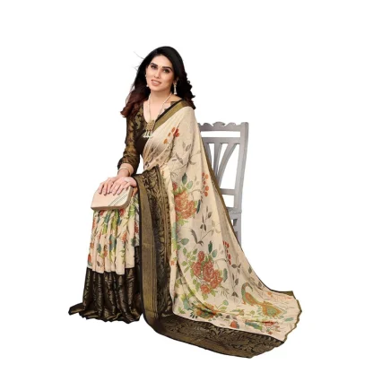 Women's Viscose Rayon Printed Saree With Unstitched Blouse (Black) - Image 2