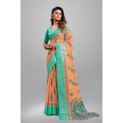 Women's Viscose Rayon Printed Saree With Unstitched Blouse (Orange) - Image 3