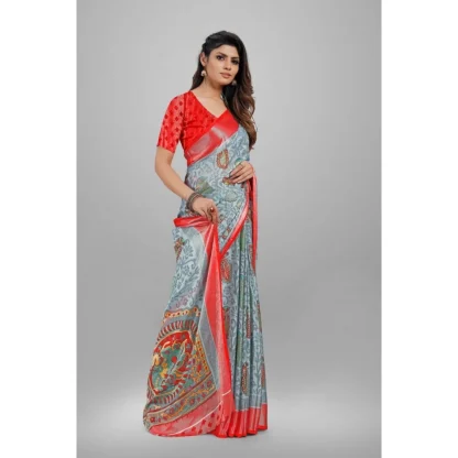 Women's Viscose Rayon Printed Saree With Unstitched Blouse (Grey) - Image 3